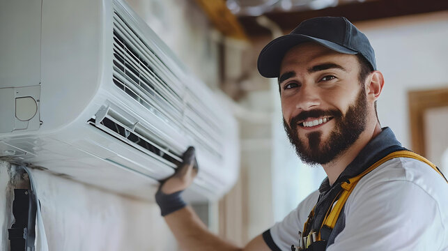 A smiling technician in a cap repairing an air conditioner, showcasing professional HVAC services and maintenance.
