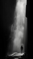 Silhouette of a person standing in a narrow alley, light and shadows play dramatically.
