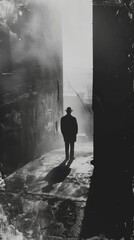 Obraz premium Silhouette of a person standing in a narrow alley, light and shadows play dramatically. 