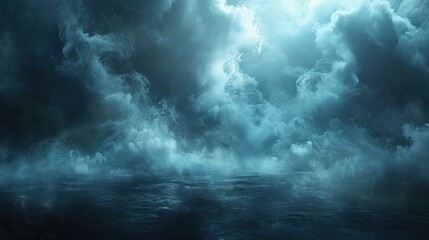 Fototapeta premium A chilling background with a black ground shrouded in dense fog and dark smoke, providing a spooky and dramatic effect. Includes mist and steam elements to enhance the horror-themed ambiance