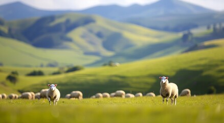 Fototapeta premium Sheep Grazing in Lush Green Pastures Under a Clear Blue Sky in the Countryside