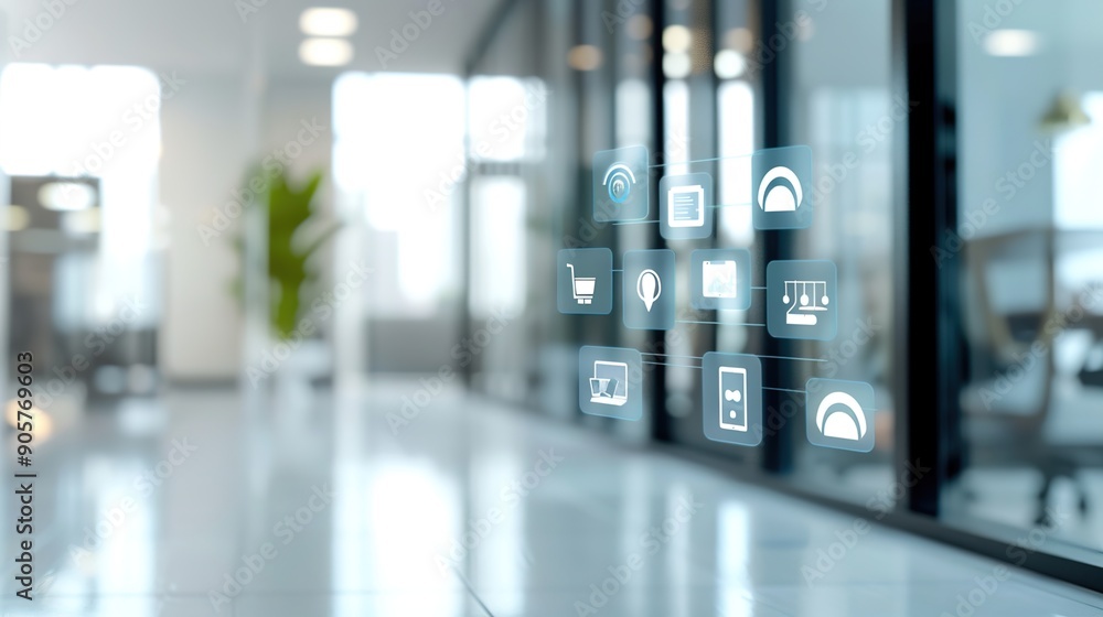 Poster futuristic office workspace with virtual assistant icons and copy space