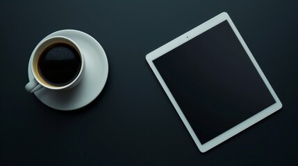 A high-quality stock image showing a tablet and a cup of coffee positioned on the right side, with ample space on the left for text. Perfect for technology, work-from-home, and coffee culture content.