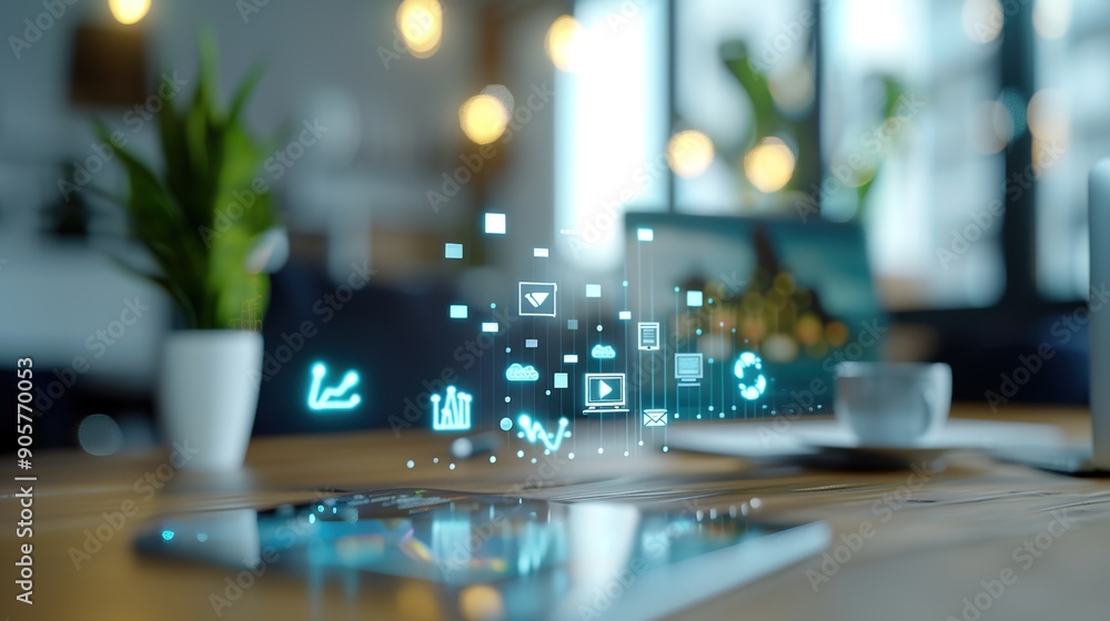 Aufkleber futuristic 3d office with floating data icons in business setting