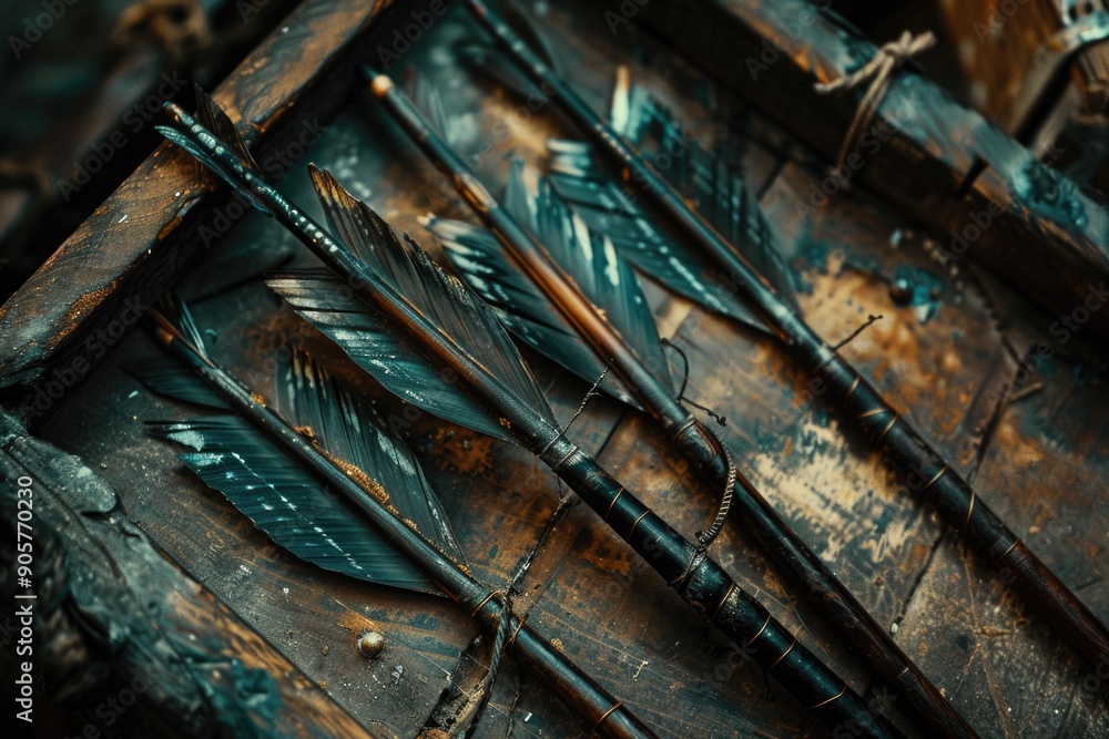 Poster A close-up view of a group of arrows placed on a table, suitable for use in various contexts where arrows are featured prominently