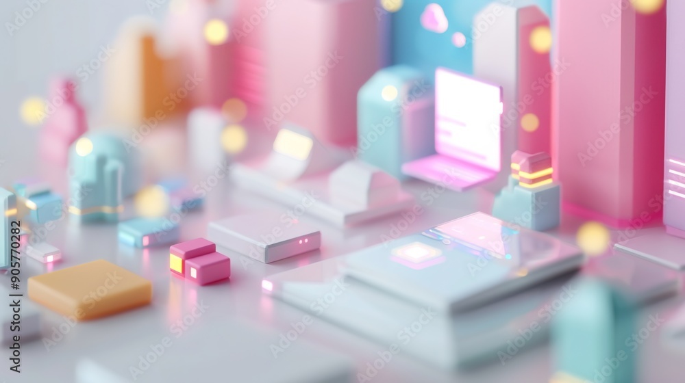 Aufkleber modern isometric 3d business setting with digital interfaces in soft colors