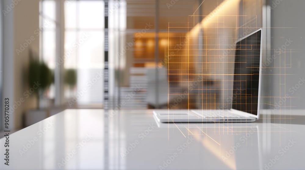 Poster futuristic virtual 3d office for data analysis with abundant copy space
