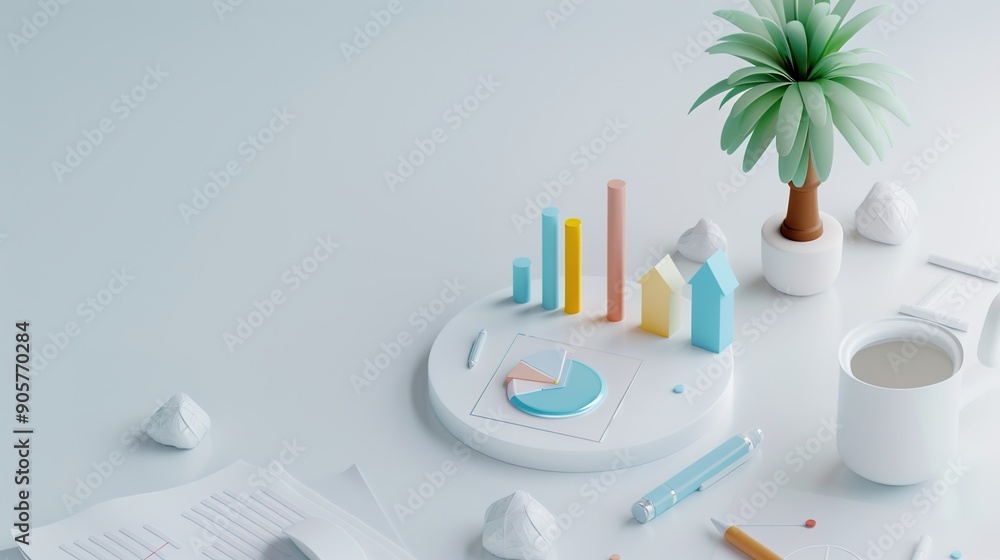 Poster modern isometric business world with digital interfaces in soft colors