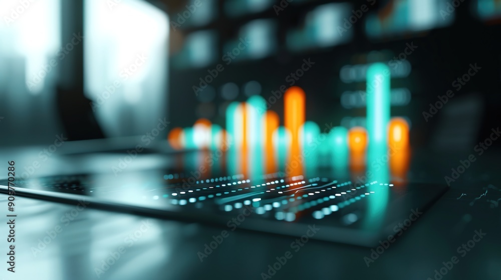 Poster futuristic office workspace with dynamic virtual finance charts in high contrast setting