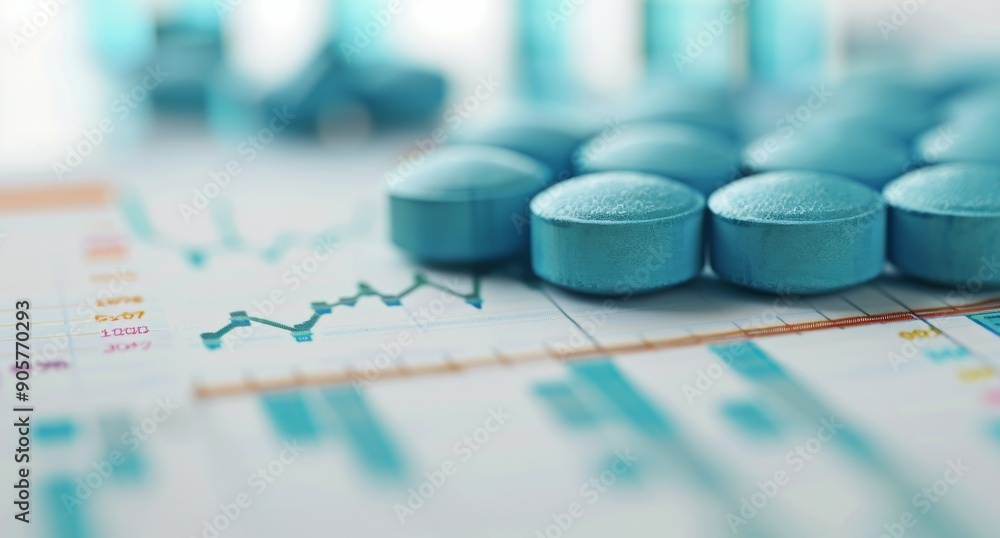 Poster blue tablets on financial data chart with graphs and statistics