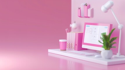 Modern Isometric Business Environment with Digital Interfaces in Soft Colors