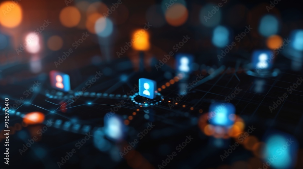Poster futuristic 3d business network composition with floating icons and copyspace for technology concept 