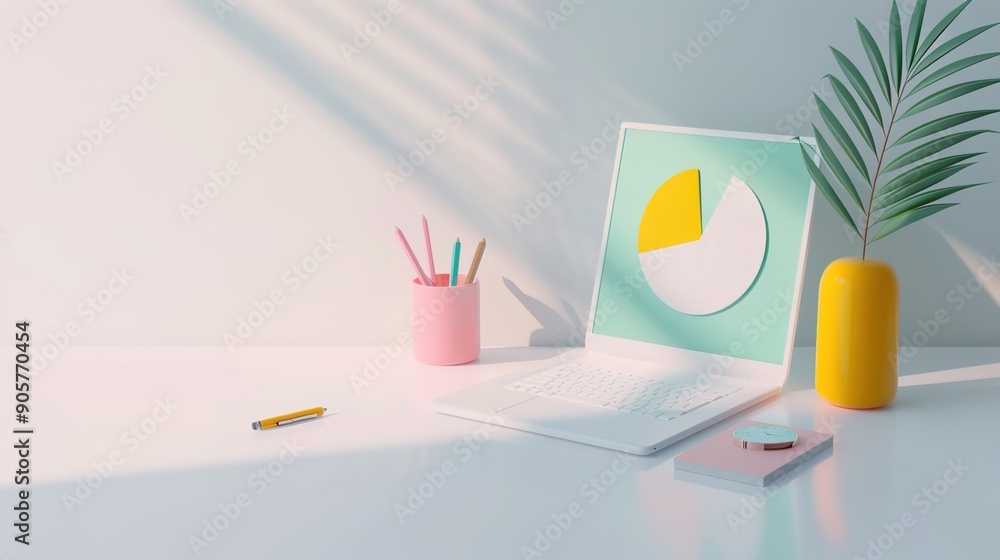Aufkleber modern isometric 3d office setting with dynamic financial graphs in high contrast