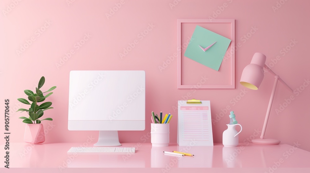 Poster modern isometric office setup with floating finance tools in soft tones