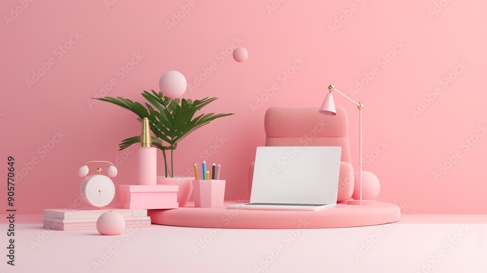 Poster Modern Isometric 3D Office Setup with Floating Finance Tools in Soft Tones