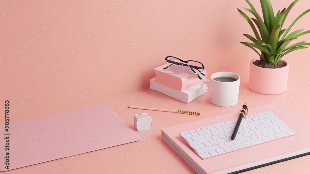 Poster Modern Isometric Office Setup with Floating Finance Tools in Soft Tones
