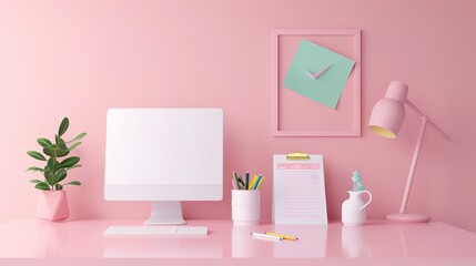 Modern Isometric Office Setup with Floating Finance Tools in Soft Tones