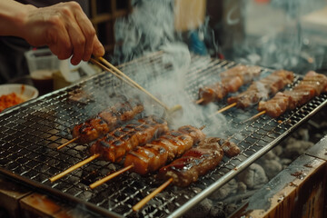 Close-Up of Skewered Meat Grilling with Smoke Rising