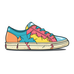 Colorful sneakers vibrant graffiti art pop culture edgy design isolated white background. Casual footwear street style illustration multicolored canvas shoe urban fashion. Trendy torn fashion