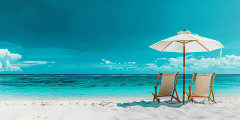 Beach Umbrella and Lounge Chairs by the Shore