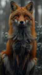 Fototapeta premium A vibrant red fox sits gracefully amidst soft flowers, surrounded by a tranquil misty forest, showcasing its striking features and rich colors.