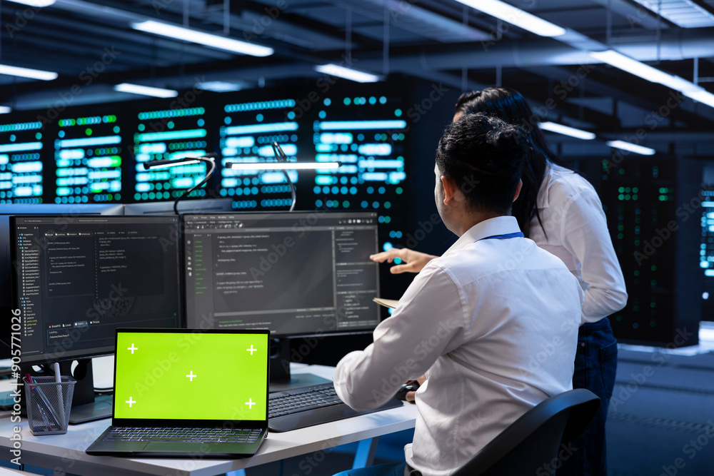 Poster team of technicians in data center using isolated screen laptop to find firewall misconfigurations a
