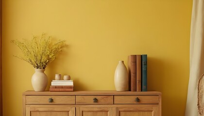 Wooden cabinet and accessories decor in living room interior on empty soft yellow wall background.