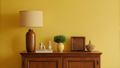 Wooden cabinet and accessories decor in living room interior on empty soft yellow wall background.
