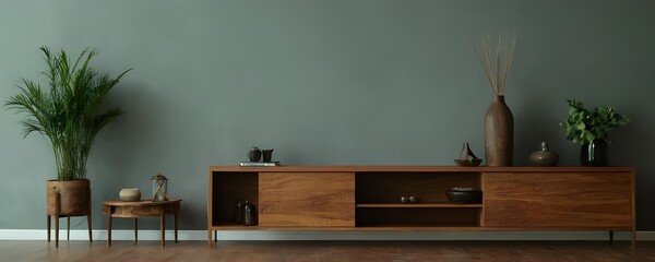 Wooden cabinet and accessories decor in living room interior on empty soft grey wall background.