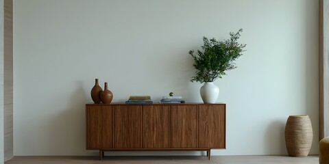 Obraz premium Wooden cabinet and accessories decor in living room interior on empty soft grey wall background.