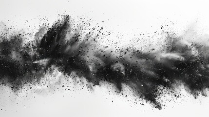 A dynamic scene of black charcoal powder creating an explosive dust cloud and splatter effect against a white backdrop. The image captures the intense burst of carbon particles and dark, abstract