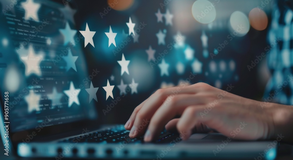 Poster typing on laptop with digital stars projected in a low light setting