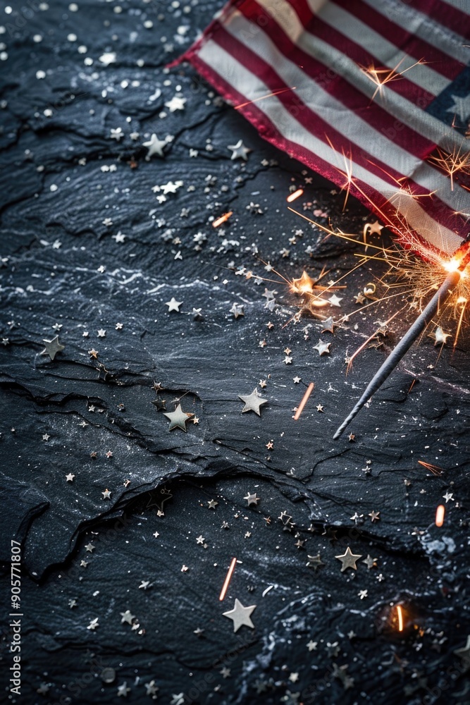 Poster a close-up of an american flag next to a sparkler on a dark surface