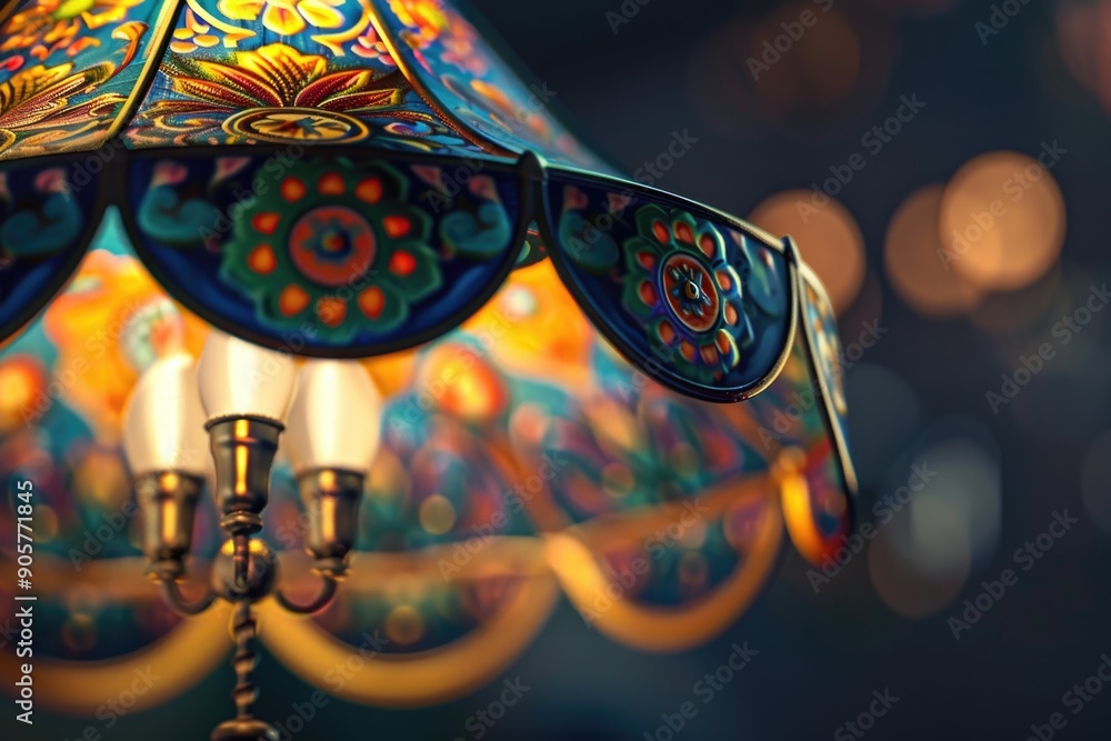 Poster a close-up shot of a vibrant lamp with led lights in the background, suitable for use in decorative 