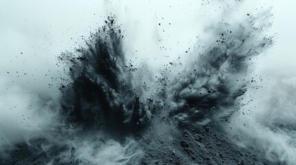 A dynamic scene of black charcoal powder in an explosive burst, with dust and paint splattering across a white background. The abstract image captures intense carbon particles and dark, smoky effects