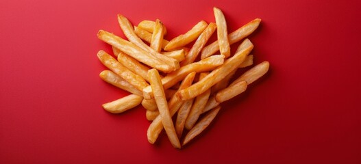 Golden French Fries Forming Heart Shape on Red Background