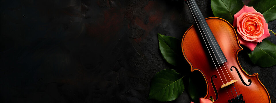 Violin and Red Roses on Black Background with Space for Text