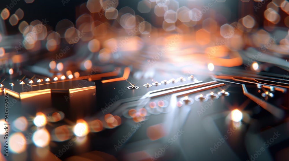 Poster futuristic high-tech gadget with intricate circuit boards in soft natural light - macro detail on wh