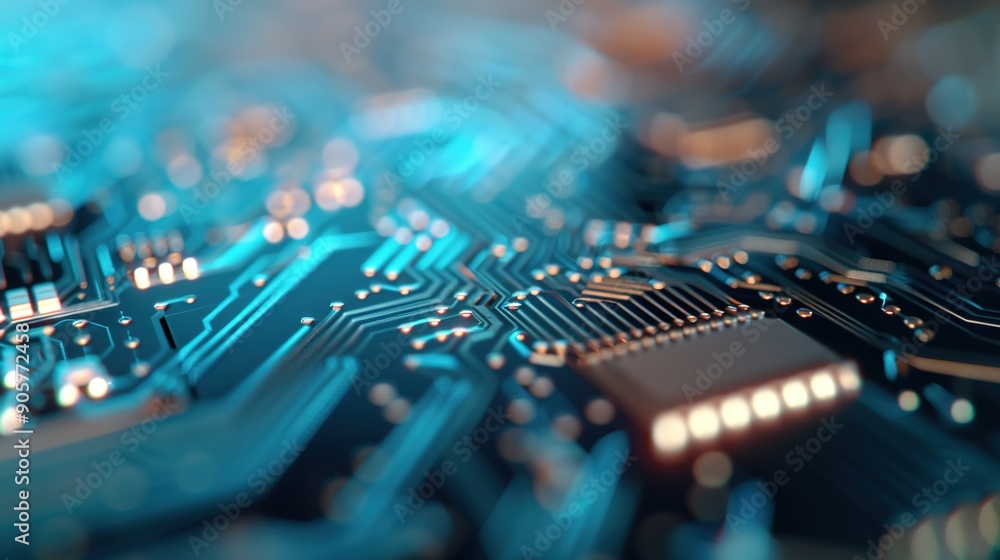 Poster futuristic high-tech gadget: macro view of intricate circuit boards illuminated by soft natural ligh