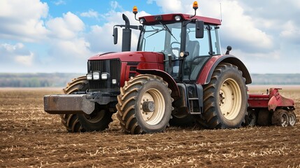 Obraz premium A modern red tractor plowing brown soil in a farm field under a partly cloudy sky