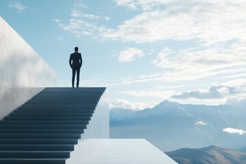 a man in a jacket climbs the stairs to the top