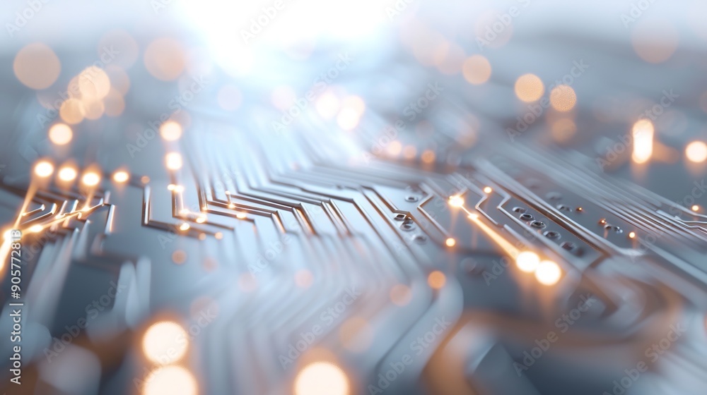Aufkleber illuminated technology: intricate circuitry in macro detail on white background with copy space