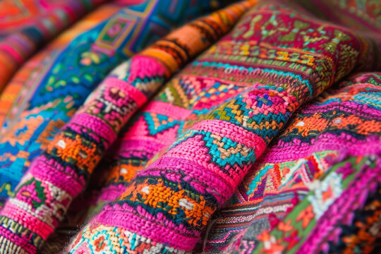Traditional peruan textiles featuring intricate patterns and bold colors