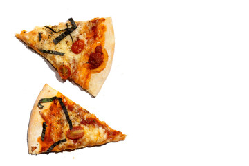 Slices of pizza on white background.