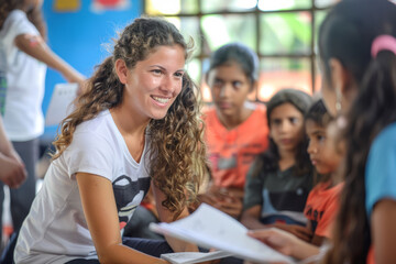 Obraz premium Smiling teacher interacting with a group of students in a colorful classroom