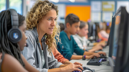Diverse group of students and teacher engaging in collaborative learning using computers in a modern classroom setting