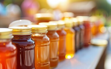 Variety of Honey Jars Displayed in Bright Outdoor Market During Sunset