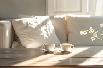 Living room with a wooden table featuring two coffee cups, white cushions and soft sunlight