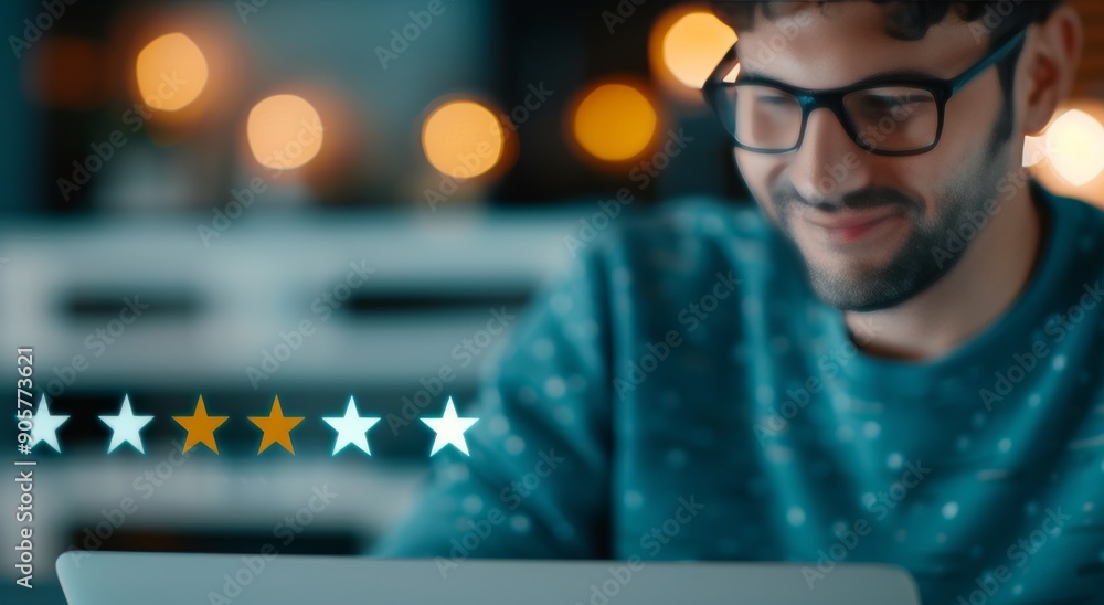 Poster typing on laptop with digital stars projected in a low light setting
