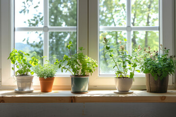 Fototapeta premium Bright sunny windowsill with variety of potted indoor plants